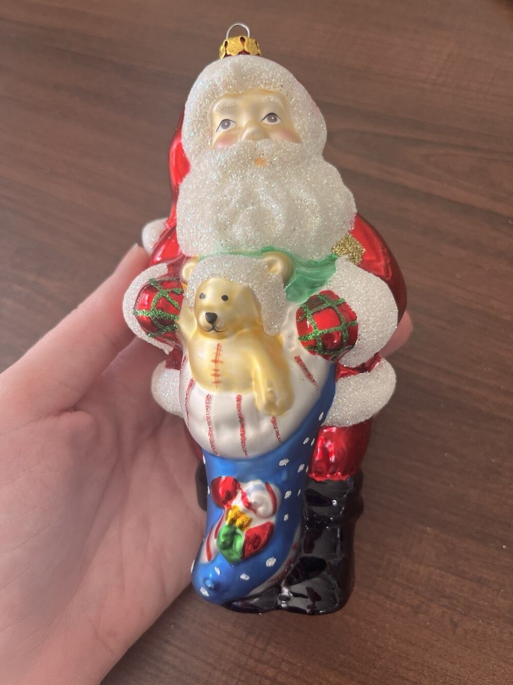 Vintage Glass Christmas Ornament Santa With Stocking EUC Hand Painted